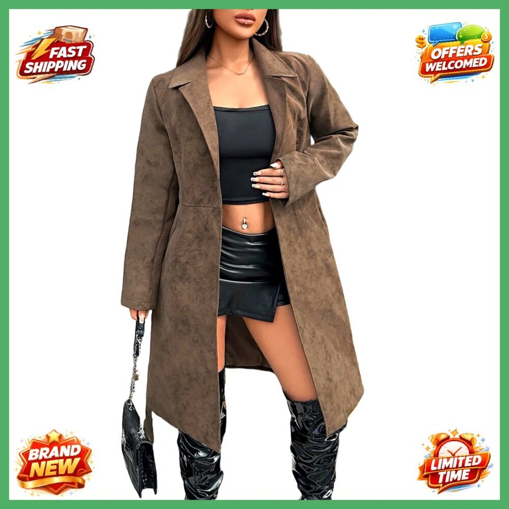 Long Faux Leather Trench Coat with Belt, Lined Jacket, Women's Size